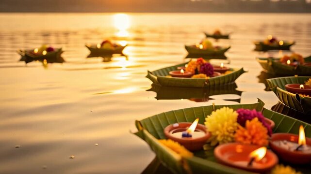 Traditional leaf boats with glowing oil lamps floating on water at sunset