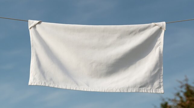 White linen cloth drying on clothesline against blue