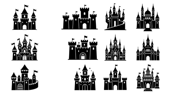 Collection of various castle silhouettes.