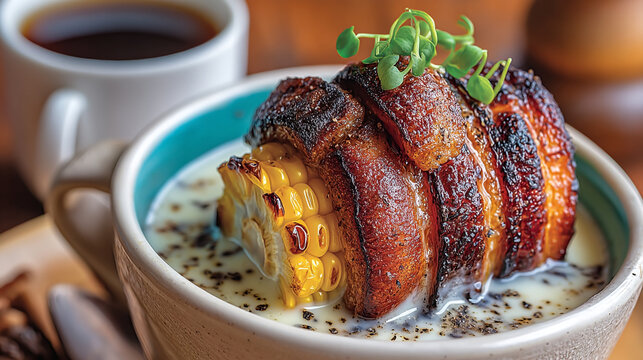 Grilled corn on the cob wrapped in bacon served in a creamy soup bowl with corn chowder