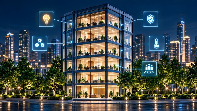 Smart building infrastructure with internet of things icons representing automated facility management and energy efficiency