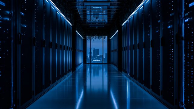 Data center server room hallway with glowing blue lights representing cloud computing network infrastructure and data storage