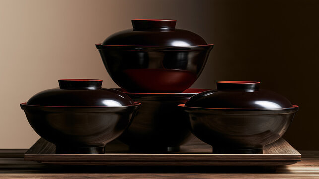 Three Lidded Black Lacquer Soup Bowls Stacked on a Wood Tray