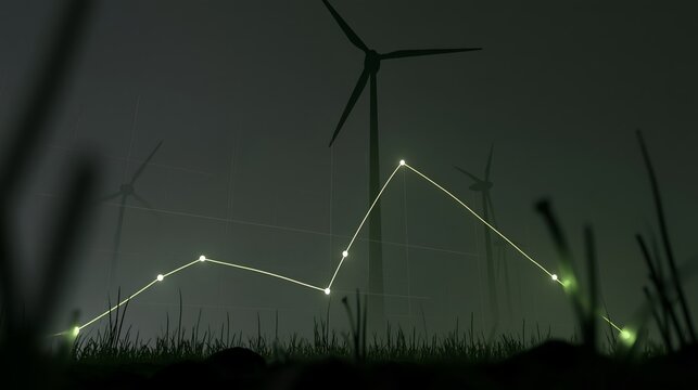 Renewable energy investment concept with glowing financial line graph overlaying dark wind turbines in a field. Analyzing sustainable power market trends.
