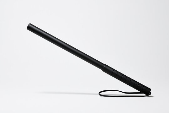 Black police baton with grip and wrist strap