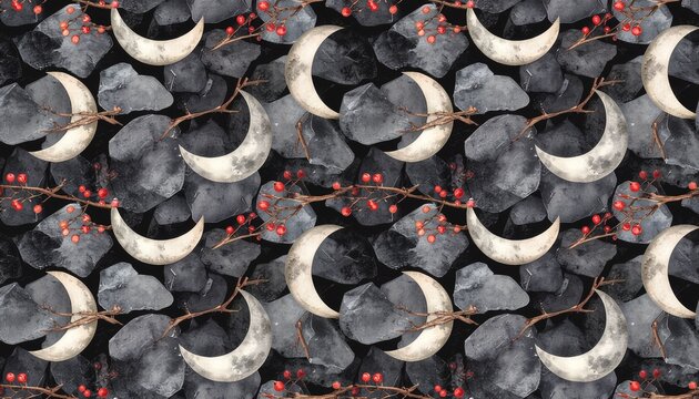 Moody branches berries crescent moons dark, a seamless repeating pattern for fabric wrapping paper and surface design