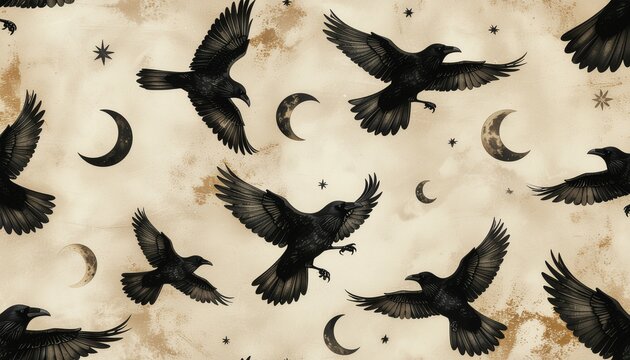 Old book style ravens crescent moons parchment, a seamless texture for backgrounds packaging and digital design