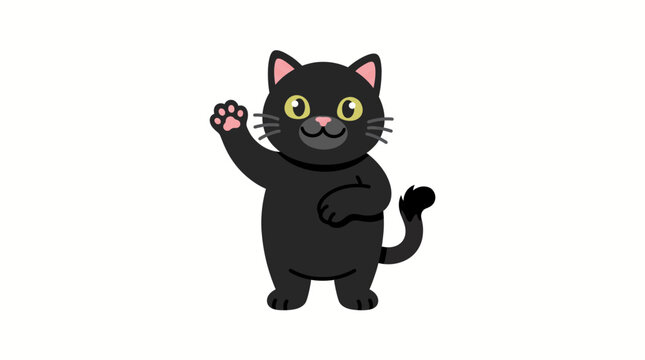 Adorable black kitten mascot character standing and waving hello vector illustration isolated on white background
