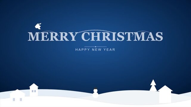 Merry Christmas and Happy New Year Blue Minimalist Winter Village Landscape