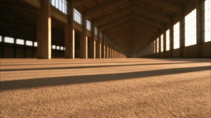Obraz premium Empty industrial hall with warm sunlight casting long