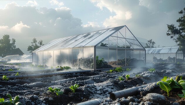 Modern greenhouse on misty commercial farm with irrigation and crops