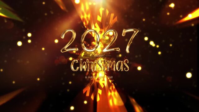 2027 Merry Christmas and  Happy New Year golden text shine light effect with flare shine light on top  and golden snowflake cinematic title on black abstract background
