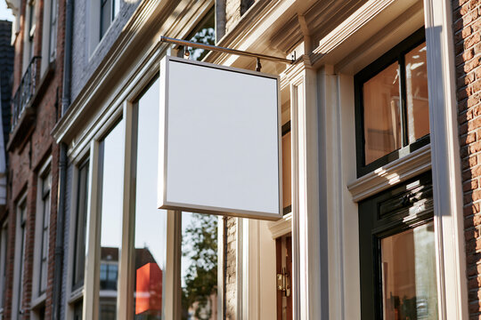 Blank white rectangular shop sign mounted above a storefront doorway