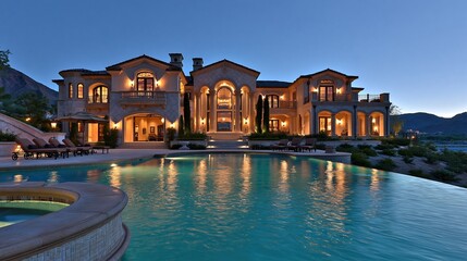 Obraz premium Luxurious mansion with pool at twilight