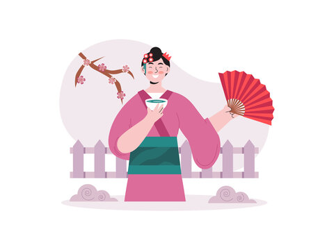 A Japanese woman in a traditional-style pink kimono and green sash, holding a red folding fan and a small bowl. Japanese culture illustrations. Flat vector concepts.