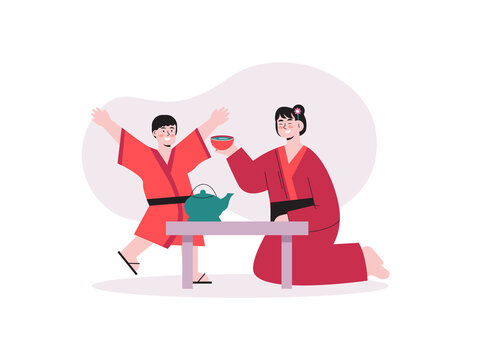 A woman serves a bowl of green tea to her child. Japanese culture illustrations. Flat vector concepts.