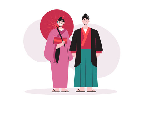 A couple wearing traditional Japanese attire, with the woman holding a red paper umbrella. Japanese culture illustrations. Flat vector concepts.