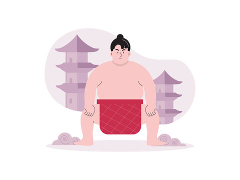 A sumo wrestler in a traditional crouching stance, set against a backdrop featuring Japanese-style pagodas and stylized clouds. Japanese culture illustrations. Flat vector concepts.