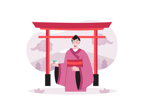 A Japanese woman in a pink kimono holding a small cup in front of a red torii gate. Japanese culture illustrations. Flat vector concepts.