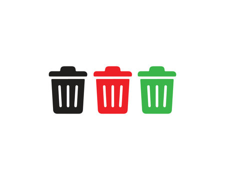 Set of three colorful trash can icons in black red and green colors