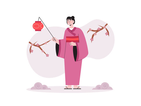 A woman wearing a traditional pink kimono and holding a red Japanese paper lantern. Japanese culture illustrations. Flat vector concepts.