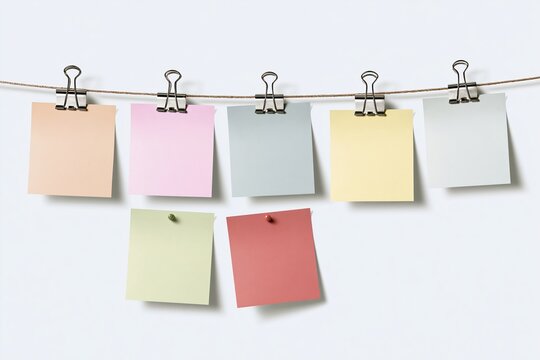 Colorful sticky notes hanging on string against white