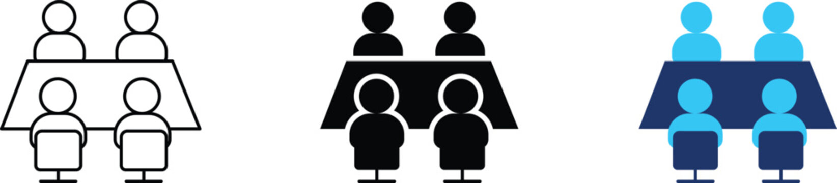 Business meeting icon representing conference table, team collaboration, board consultation and group discussion. Symbol of executive assembly, corporate workspace, strategy session 