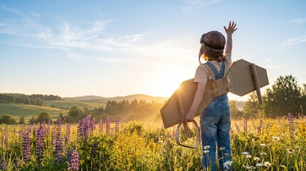 Child with cardboard wings waving in a sunny field © Sarkar