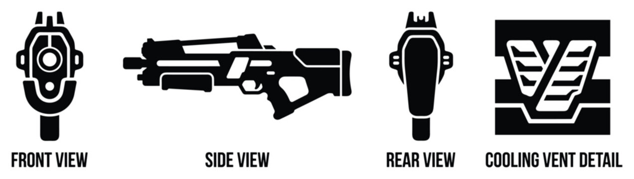 Futuristic laser rifle from front side and rear views with cooling vent detail for sci fi game.