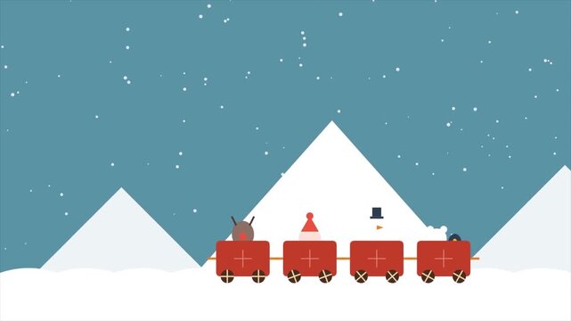 Minimalist Christmas train with Santa, reindeer, and snowman in snowy winter landscape