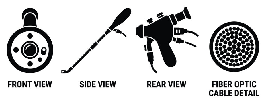 Medical endoscope with fiber optic cable detail from front side and rear views.