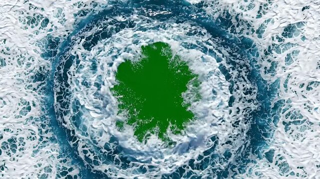 A realistic 3D animation of a crashing ocean wave expanding outward from the center, fluid motion, dynamic transition, video editing element, top-down view.