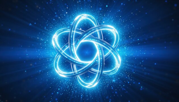 Abstract glowing blue atom symbol with light particles and energy rings