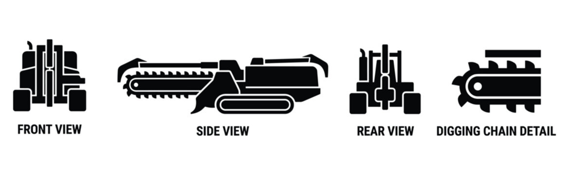 Trencher machine front side rear and digging chain views industrial construction equipment illustration.