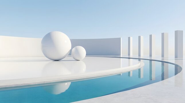 Spheres and architectural columns in a minimalist 3d rendering