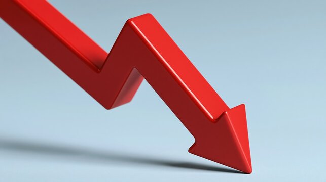 3d red arrow pointing down on light blue