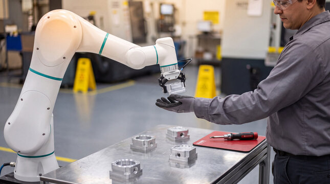 Collaborative robot handing a metal part to a worker