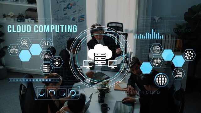 Business Meeting on Cloud Computing with Team Collaboration and Data Analytics in Modern Office Environment. Entropy.