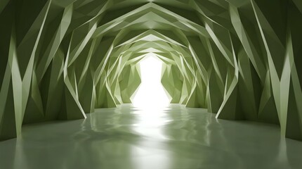 Fototapeta premium Polygonal tunnel with a bright opening a 3d rendering in pale green
