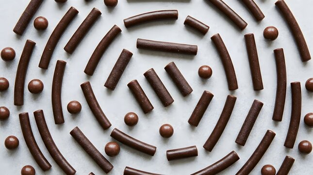 Chocolate sticks and spheres arranged in a swirling pattern on a white surface