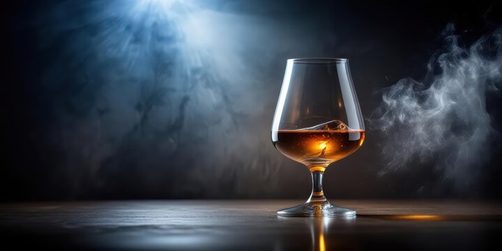 A glass of amber liquid with a slight haze suspended in mid-air on a dark background