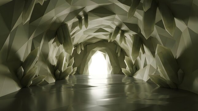 Polygonal cave interior with illuminated entrance a 3d rendering