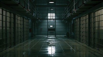 Obraz premium Dark prison corridor with metal bars and moody lighting in a secure detention facility.