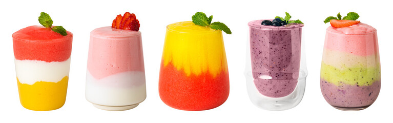 PNG Colorful layered smoothies with fruit on transparent background