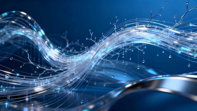 Glowing fiber optic network flowing through sapphire technology space