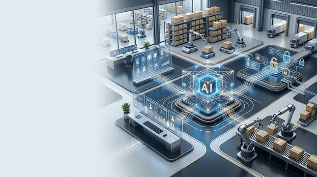 Isometric view of an automated logistics warehouse facility with robotic arms, moving package carts, conveyor belts, and a central glowing AI core graphic connecting all system nodes.