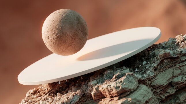 A textured spherical planetoid floating above a flat white circular disc resting on a jagged rocky surface with a soft blurred orange background