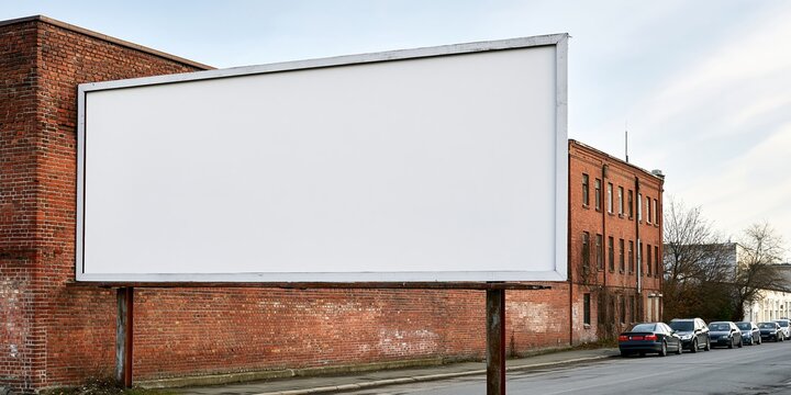 Empty white billboard on red brick building street