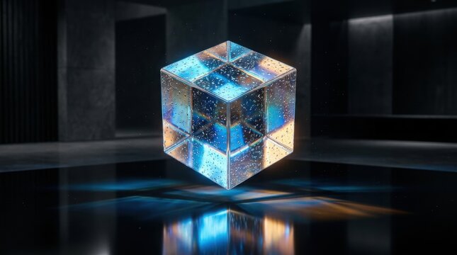 A transparent glass cube with internal light refractions and blue and orange light streaks on a dark reflective surface in a dim room setting