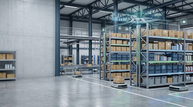 Automated warehouse interior featuring tall metal storage racks filled with cardboard boxes and autonomous mobile robots moving packages along marked pathways on a concrete floor.
